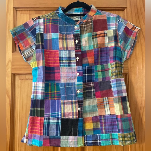 Rosettes Tops - Vintage 80s Rosettes Madras Patchwork Blouse Tie Back Cotton Cottagecore Top S